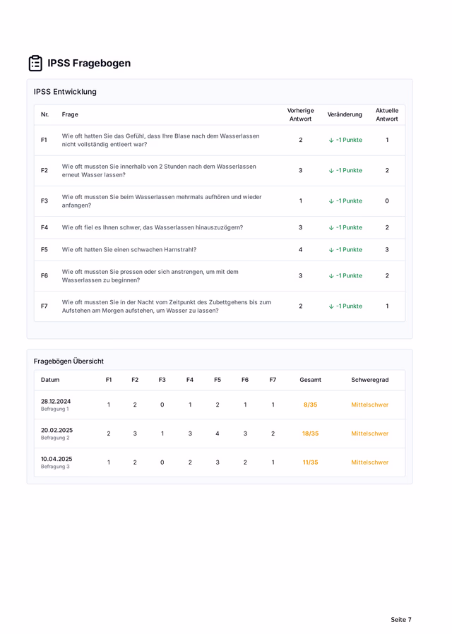 Professional report page with IPSS development and questionnaire overview