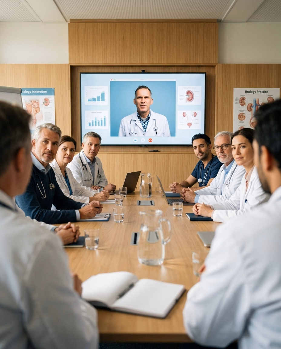 Clinic team following the specialist webinar with Prof. Siemer together in a conference room